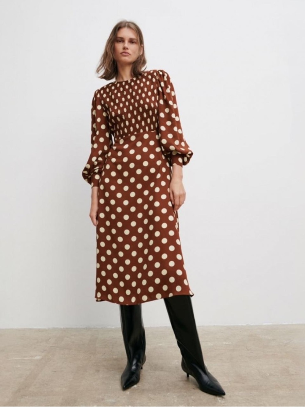 Zara Brown Midi Dress with Cream Polka Dots